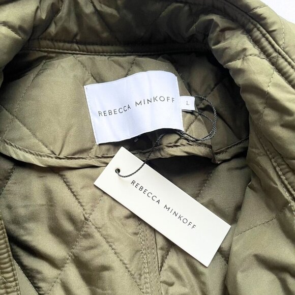 NWT REBECCA MINKOFF OLIVE GREEN QUILTED BELTED TRENCH COAT RM-551 - L - Picture 7 of 13
